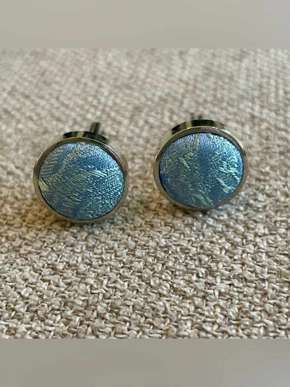 Silvertone Light Blue Brocade Fabric Round Cuff Links Men’s Formal Wedding Work